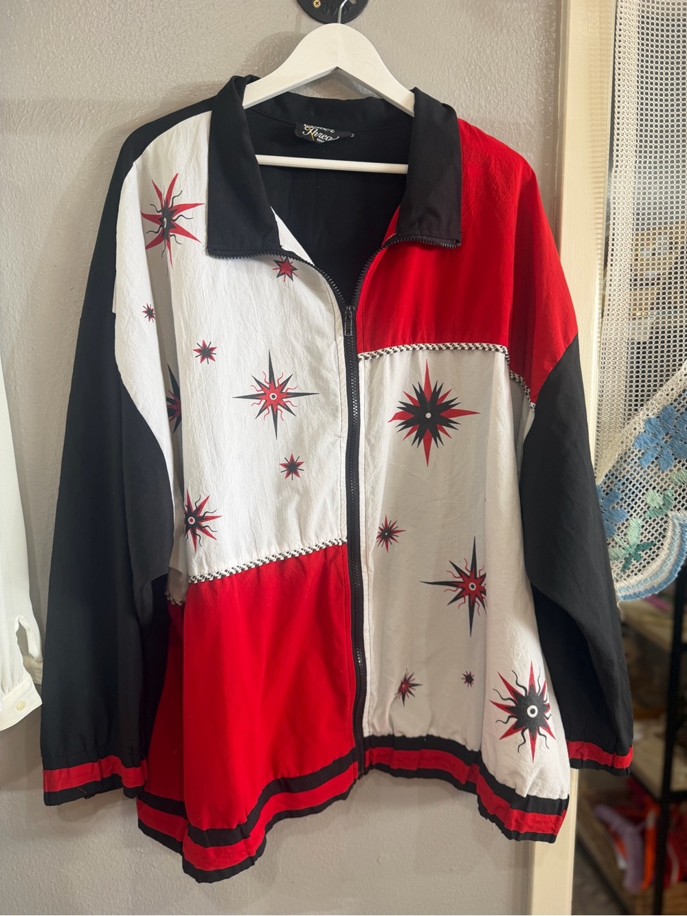 Silver Jeans Red, White & Black Starburst Zip Bomber Jacket